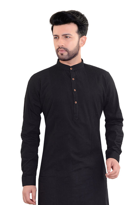 Men's Blended Cotton Embroidered Kurta Pajama Set in Black
