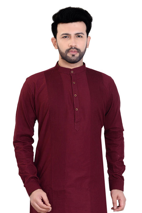 Men's Blended Cotton Embroidered Kurta Pajama Set in Maroon