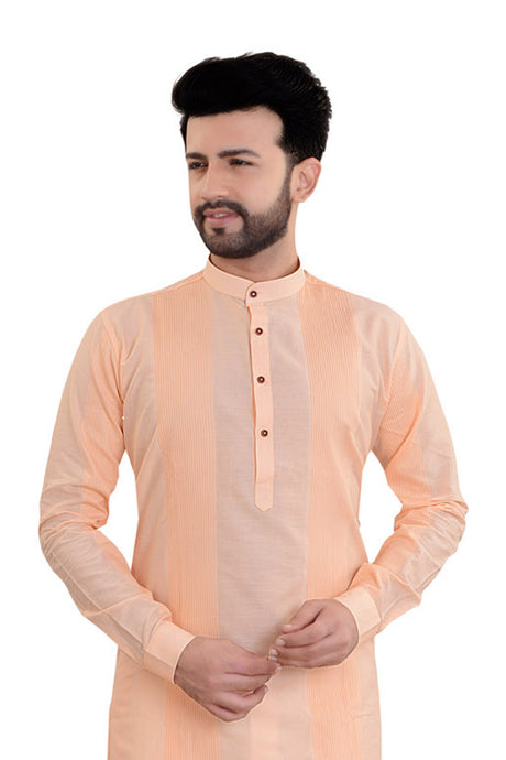 Men's Blended Cotton Embroidered Kurta Pajama Set in Peach
