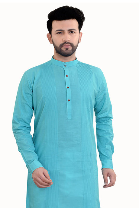 Men's Blended Cotton Embroidered Kurta Pajama Set in Blue