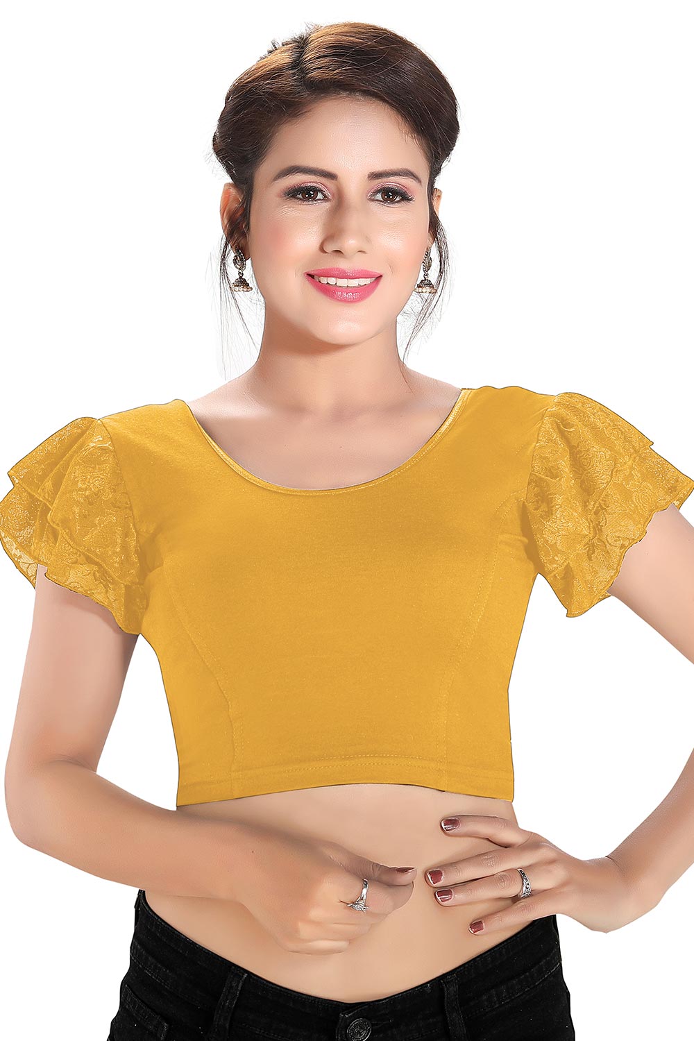 Gold Cotton Lycra Blend Stretchable Non-Padded Short Sleeves Saree Blouse