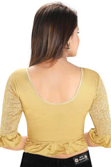 Gold Polyester Stretchable Non-Padded Elbow Sleeves Saree Blouse