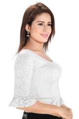 Silver Polyester Stretchable Non-Padded Elbow Sleeves Saree Blouse