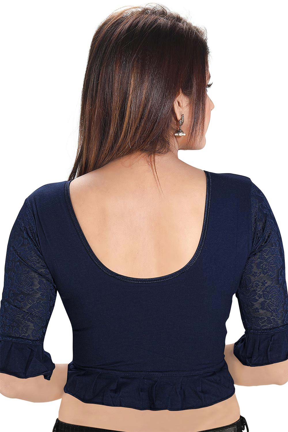 Navy Blue Cotton Lycra Blend Stretchable Non-Padded Elbow Sleeves Saree Blouse