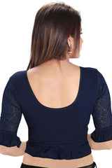 Navy Blue Cotton Lycra Blend Stretchable Non-Padded Elbow Sleeves Saree Blouse