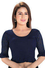 Navy Blue Cotton Lycra Blend Stretchable Non-Padded Elbow Sleeves Saree Blouse