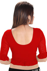 Red Cotton Lycra Blend Stretchable Non-Padded Elbow Sleeves Saree Blouse