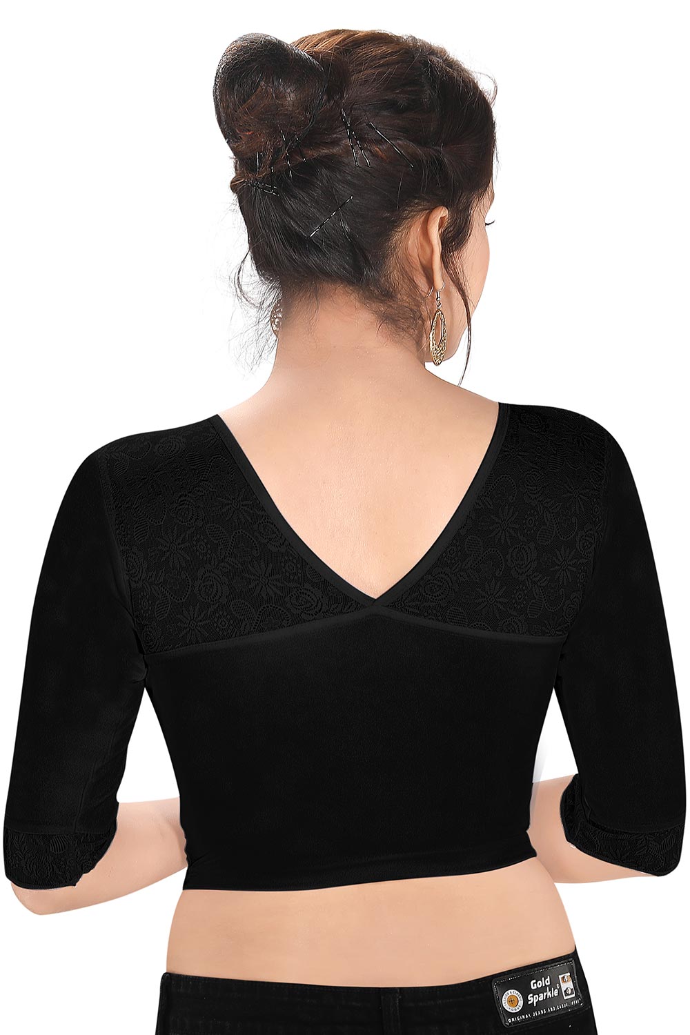 Black Polyester Stretchable Non-Padded Elbow Sleeves Saree Blouse