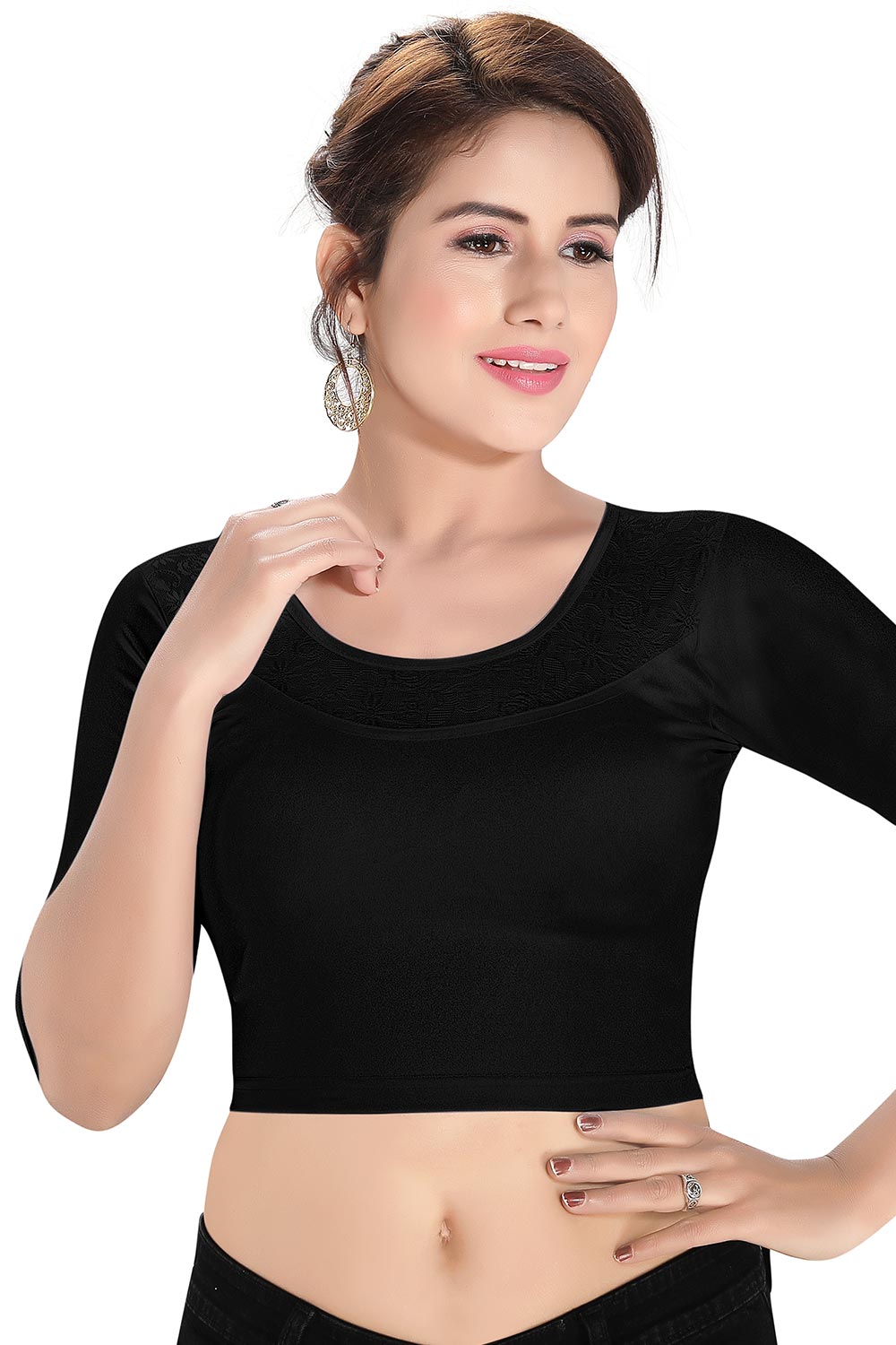 Black Polyester Stretchable Non-Padded Elbow Sleeves Saree Blouse