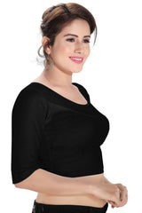 Black Polyester Stretchable Non-Padded Elbow Sleeves Saree Blouse