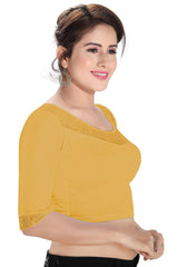 Gold Polyester Stretchable Non-Padded Elbow Sleeves Saree Blouse