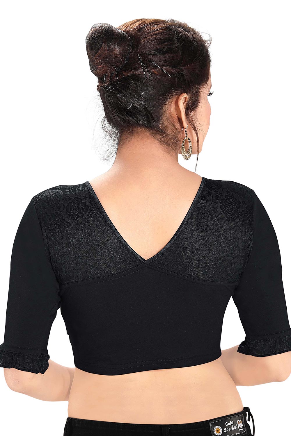 Black Cotton Lycra Blend Stretchable Non-Padded Elbow Sleeves Saree Blouse