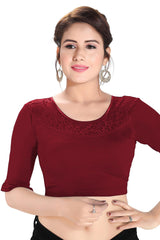 Maroon Cotton Lycra Blend Stretchable Non-Padded Elbow Sleeves Saree Blouse