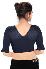 Navy Blue Cotton Lycra Blend Stretchable Non-Padded Elbow Sleeves Saree Blouse