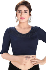 Navy Blue Cotton Lycra Blend Stretchable Non-Padded Elbow Sleeves Saree Blouse