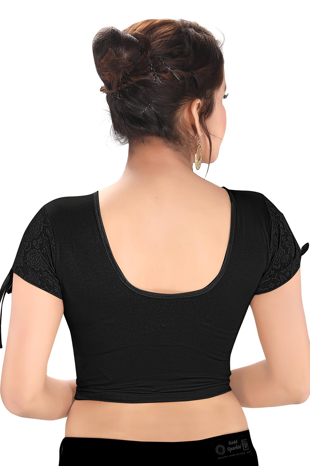 Black Polyester Stretchable Non-Padded Short Sleeves Saree Blouse