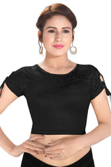 Black Polyester Stretchable Non-Padded Short Sleeves Saree Blouse