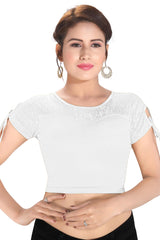 Silver Polyester Stretchable Non-Padded Short Sleeves Saree Blouse