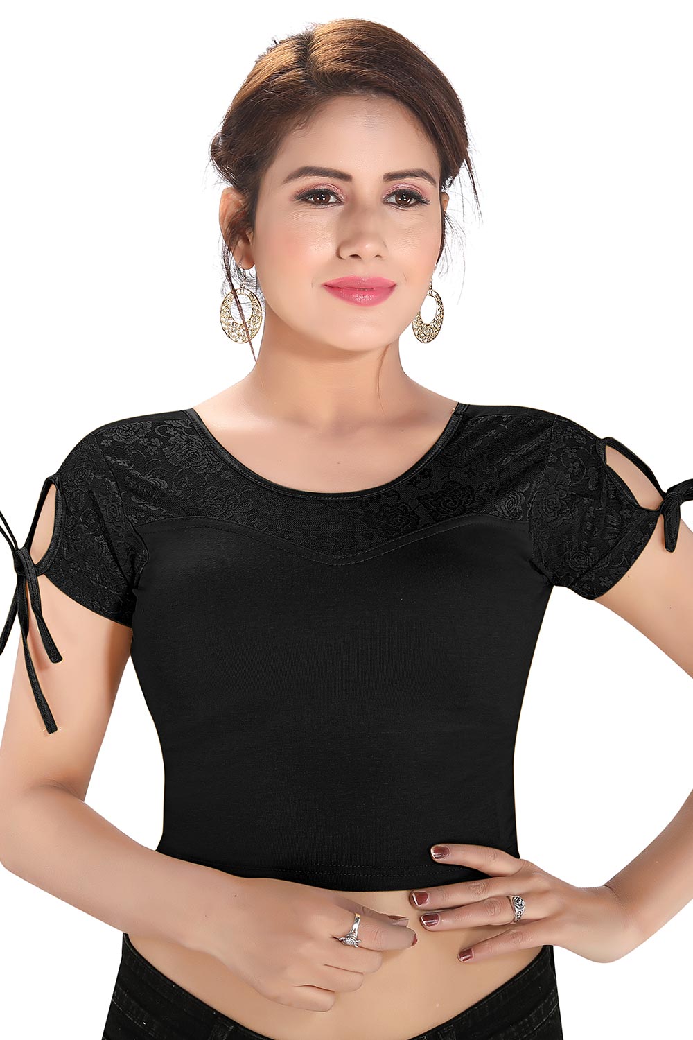 Black Cotton Blend Stretchable Non-Padded Short Sleeves Saree Blouse