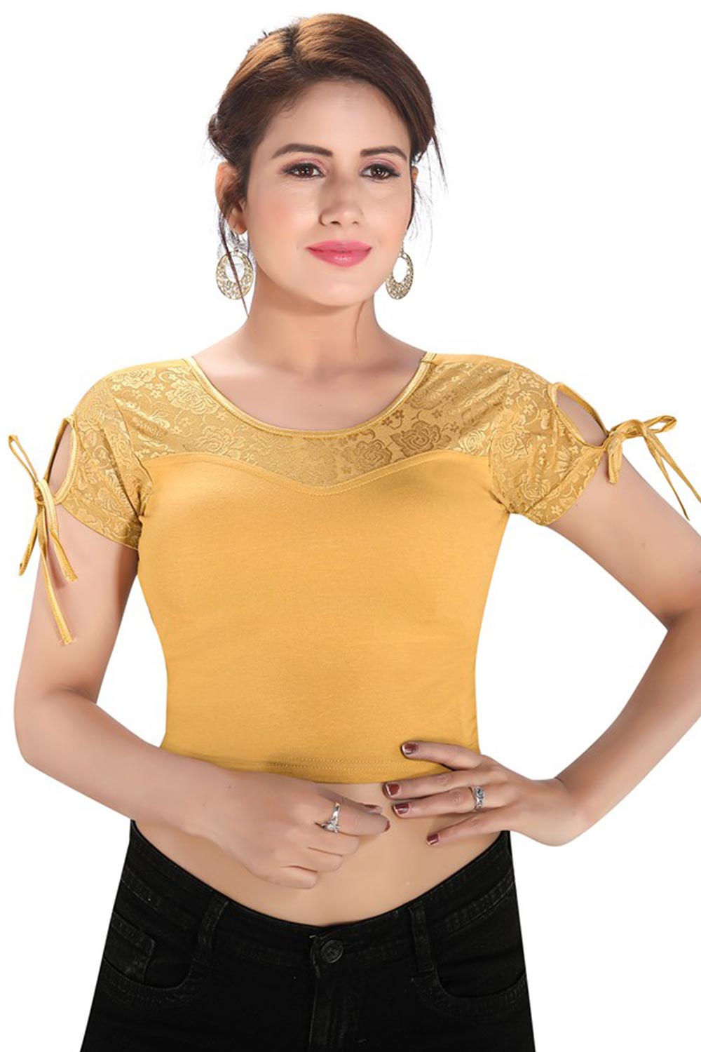 Gold Cotton Blend Stretchable Non-Padded Short Sleeves Saree Blouse