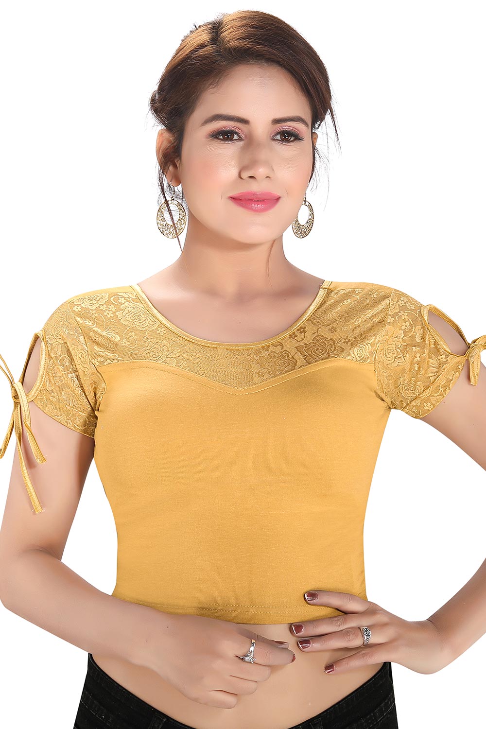 Gold Cotton Blend Stretchable Non-Padded Short Sleeves Saree Blouse