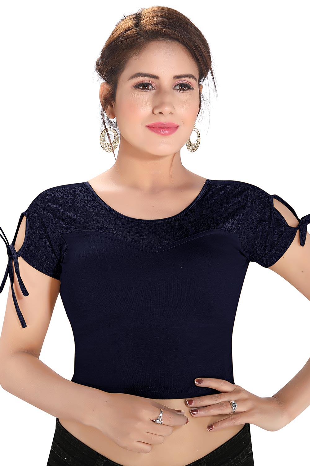 Navy Blue Cotton Blend Stretchable Non-Padded Short Sleeves Saree Blouse