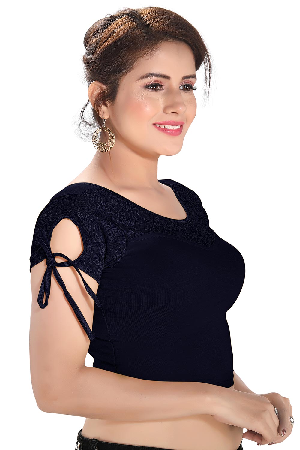 Navy Blue Cotton Blend Stretchable Non-Padded Short Sleeves Saree Blouse