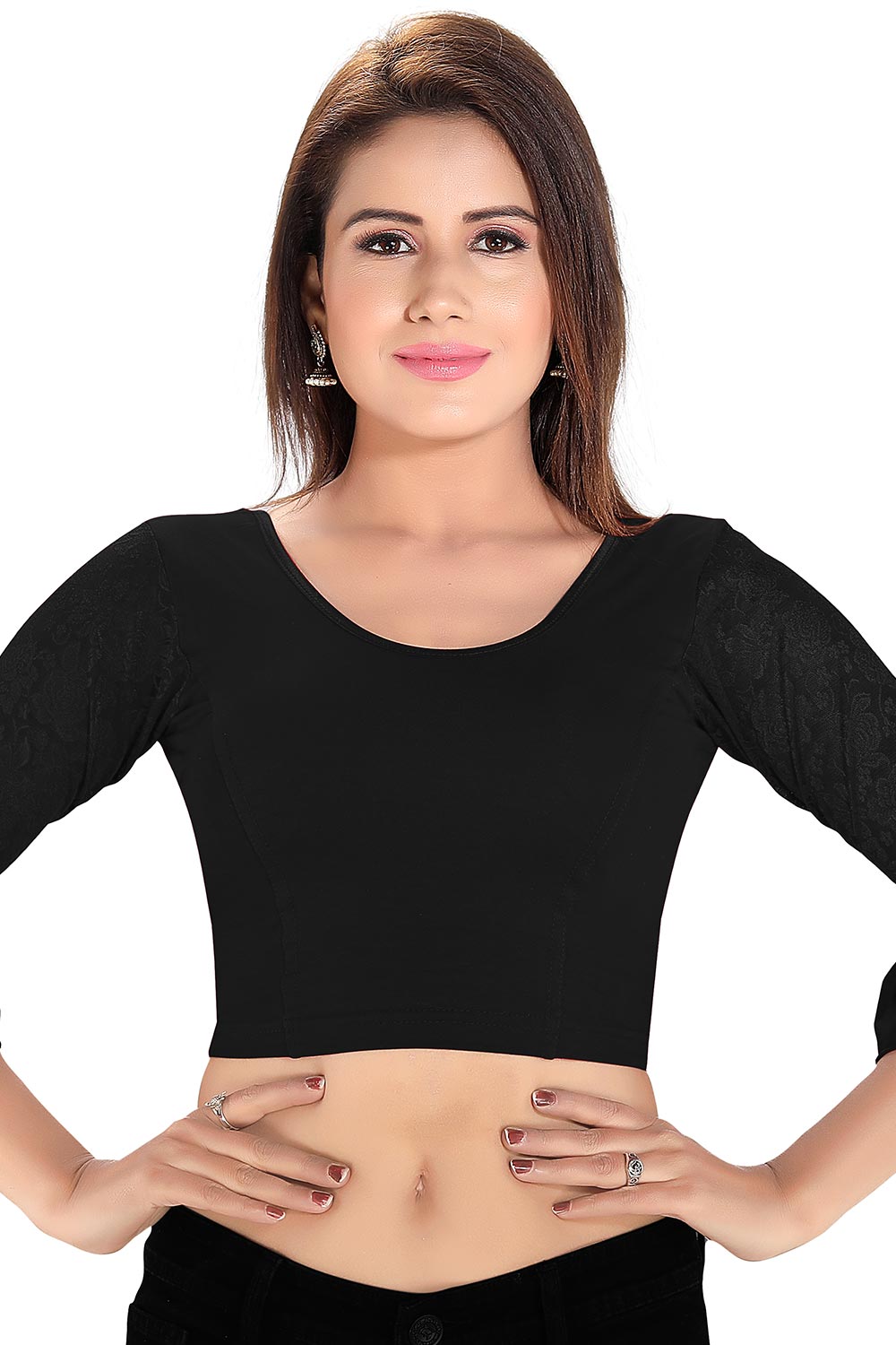 Black Cotton Lycra Blend Stretchable Non-Padded Elbow Sleeves Saree Blouse