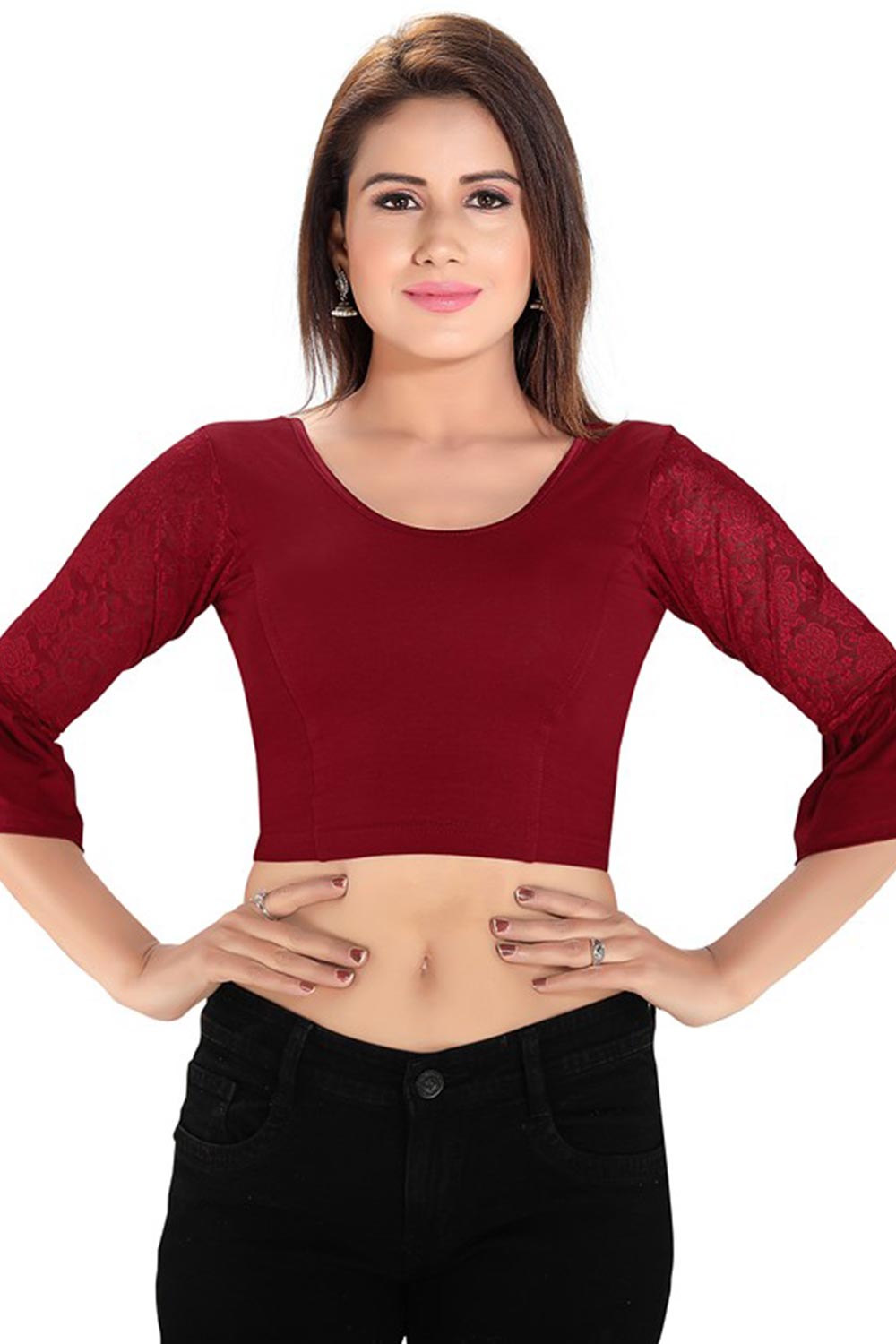 Maroon Cotton Lycra Blend Stretchable Non-Padded Elbow Sleeves Saree Blouse