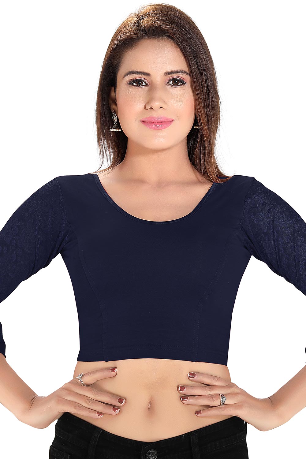 Navy Blue Cotton Lycra Blend Stretchable Non-Padded Elbow Sleeves Saree Blouse