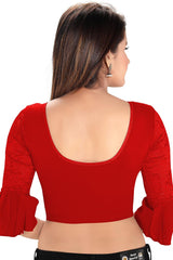 Red Cotton Lycra Blend Stretchable Non-Padded Elbow Sleeves Saree Blouse