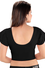 Black Cotton Lycra Blend Stretchable Non-Padded Short Sleeves Saree Blouse