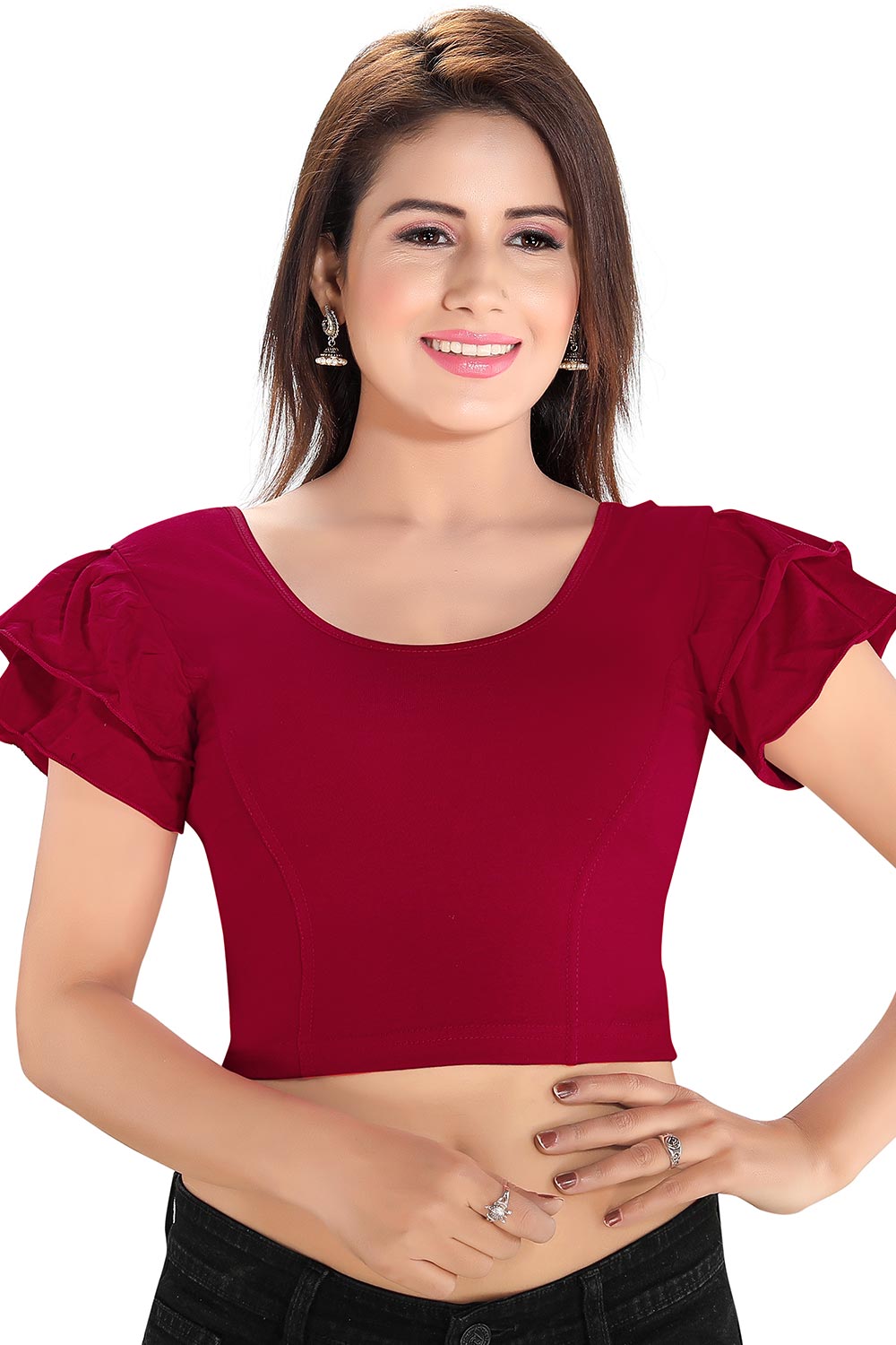 Maroon Cotton Lycra Blend Stretchable Non-Padded Short Sleeves Saree Blouse