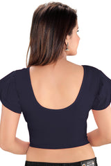 Navy Blue Cotton Lycra Blend Stretchable Non-Padded Short Sleeves Saree Blouse