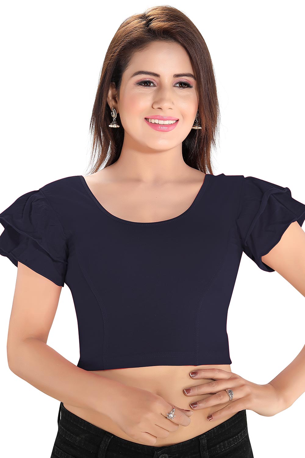 Navy Blue Cotton Lycra Blend Stretchable Non-Padded Short Sleeves Saree Blouse