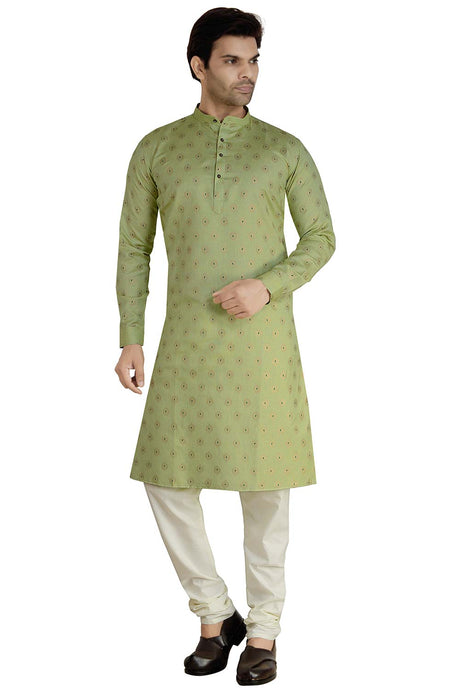 Buy Men's Linen Silk Foil Printed Kurta Churidar in Green - Front