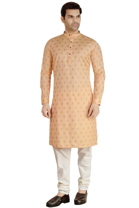 Buy Men's Linen Silk Foil Printed Kurta Churidar in Peach - Front