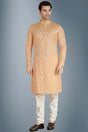 Buy Men's Linen Silk Foil Printed Kurta Churidar in Peach