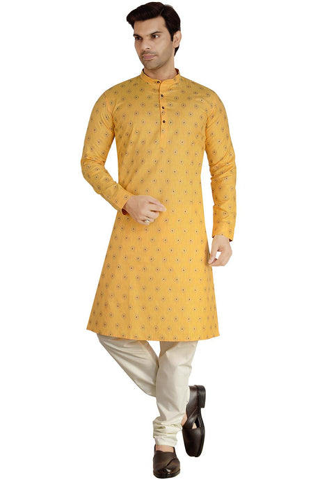 Buy Men's Linen Silk Foil Printed Kurta Churidar in Yellow - Front