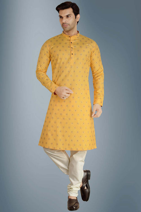 Buy Men's Linen Silk Foil Printed Kurta Churidar in Yellow