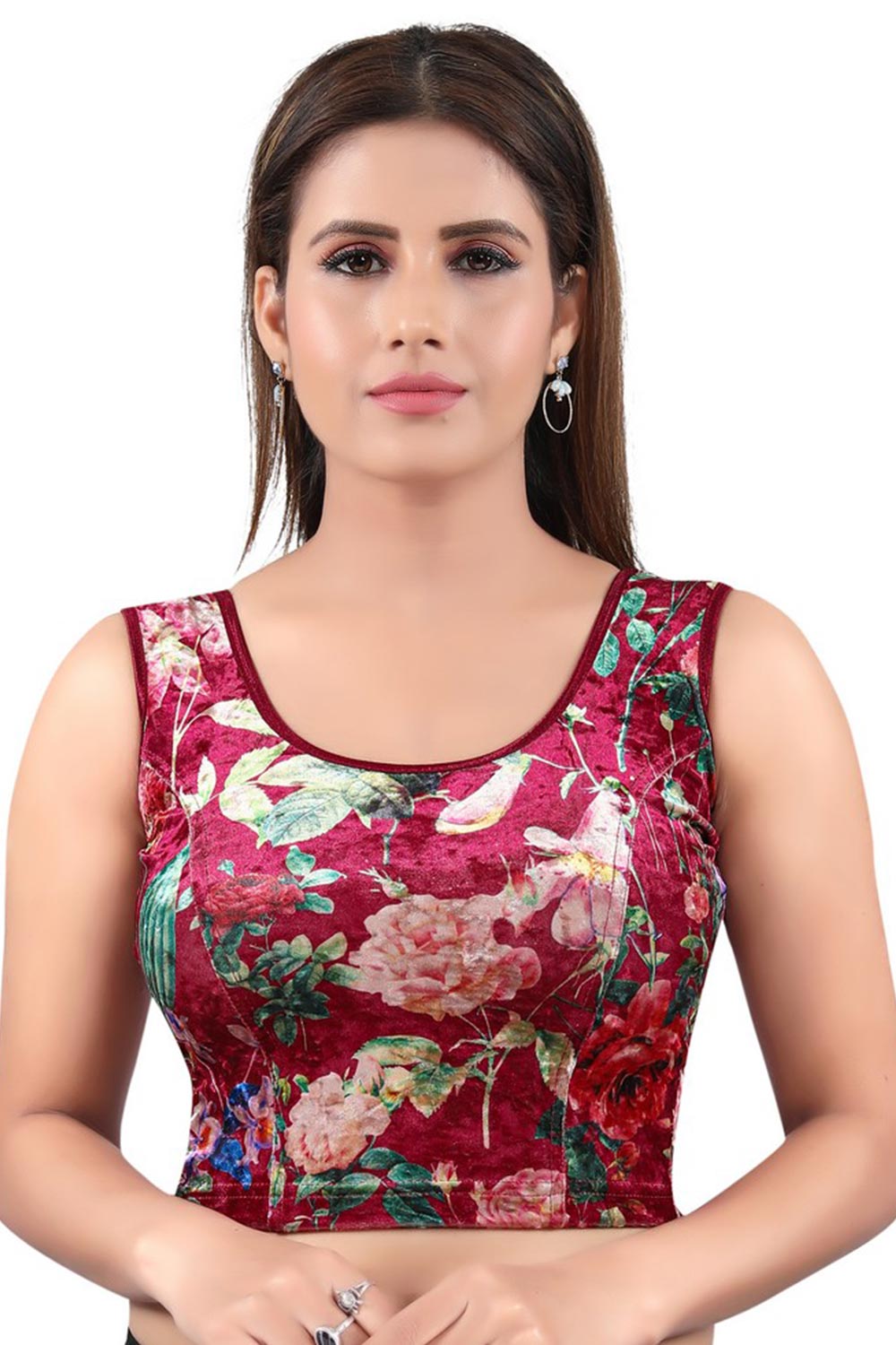 Maroon Velvet Stretchable Non-Padded Sleeveless Saree Blouse