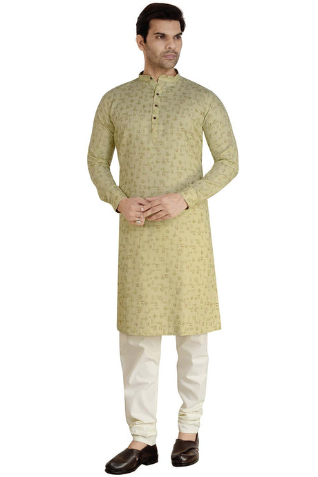 Buy Men's Blended Cotton Abstract Print Kurta Churidar in Olive - Front