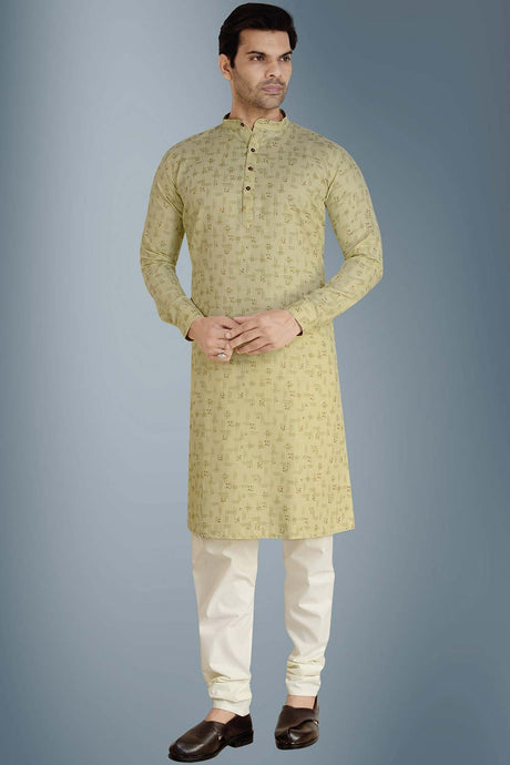 Buy Men's Blended Cotton Abstract Print Kurta Churidar in Olive