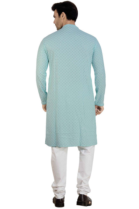 Men's Light Aqua Blue Rayon Cotton Sequin Embroidery Kurta Pajama Set