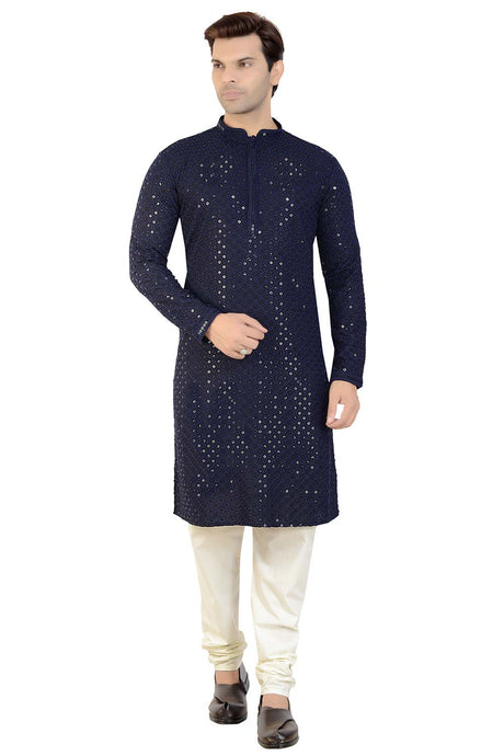 Buy Men's Rayon Cotton Sequin Embroidered Kurta Churidar in Navy Blue - Front