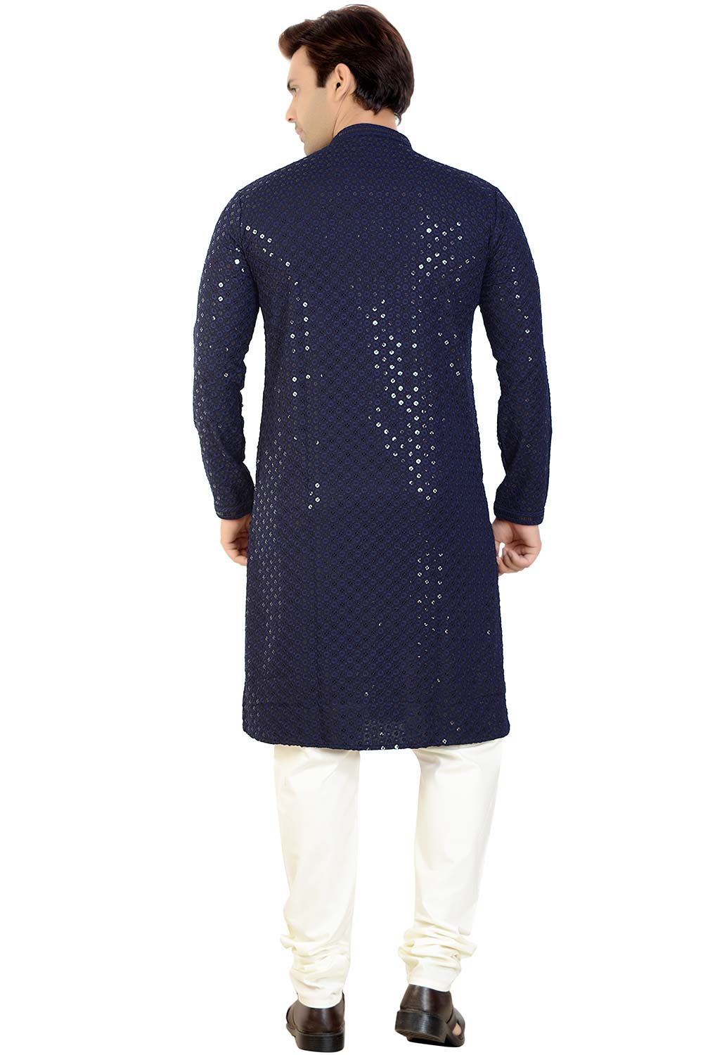 Buy Men's Rayon Cotton Sequin Embroidered Kurta Churidar in Navy Blue - Back