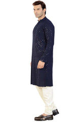 Buy Men's Rayon Cotton Sequin Embroidered Kurta Churidar in Navy Blue - Side