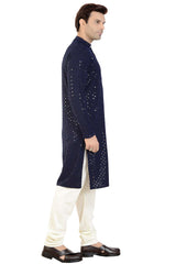 Buy Men's Rayon Cotton Sequin Embroidered Kurta Churidar in Navy Blue - Zoom In