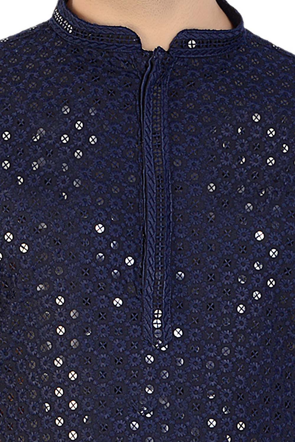 Buy Men's Rayon Cotton Sequin Embroidered Kurta Churidar in Navy Blue - Zoom Out