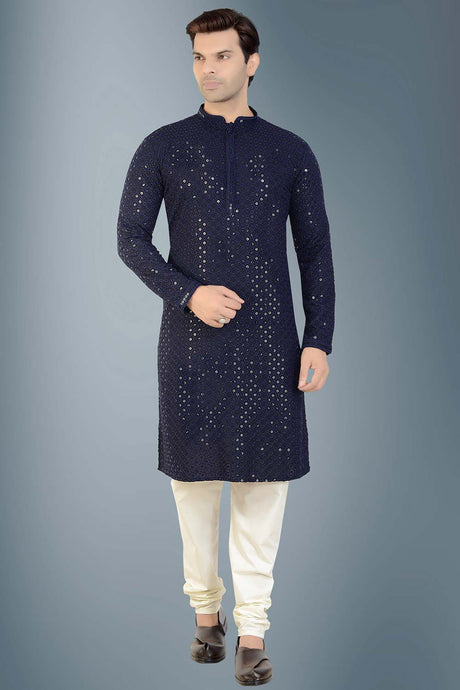 Buy Men's Rayon Cotton Sequin Embroidered Kurta Churidar in Navy Blue